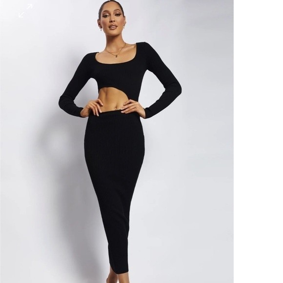 Meshki Dresses & Skirts - Meshki Gaia Cut Out Asymmetric Knitted Midi Dress Size xs Black New